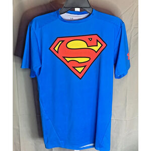 Under Armour Superman Boys Shirt Sz Large Blue Compression Training Gym Heatgear
